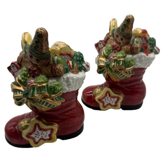 Fitz and Floyd Santa's Sweets Candy Cookies Boots Candleholders Set of 2 - Picture 3 of 9